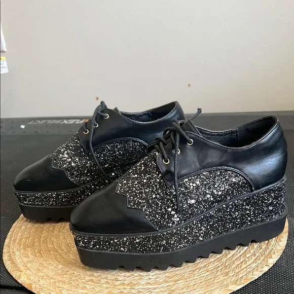 Black Glitter Platform Oxford  Funky Shoes Size 38 - Picture 4 of 14